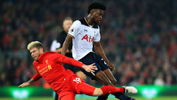 LIVERPOOL, ENGLAND - OCTOBER 25: Alberto Moreno of Liverpool (L) is fouled by Joshua Onomah of Tottenaham Hotspur (R) during the EFL Cup fourth round match between Liverpool and Tottenham Hotspur at Anfield on October 25, 2016 in Liverpool, England. (Photo by Jan Kruger/Getty Images)