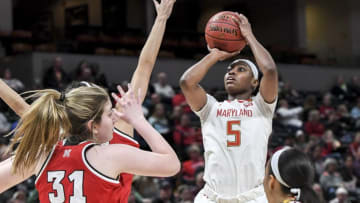 INDIANAPOLIS , IN - MARCH 3: Maryland Terrapins guard Kaila Charles (5) shoots under pressure against Nebraska during Big Ten women's basketball tournament action. (Photo by Jonathan Newton/The Washington Post via Getty Images)
