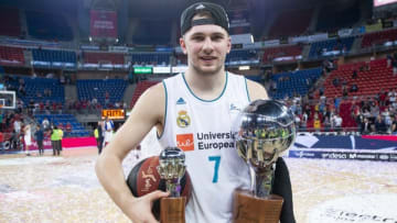Real Madrid Luka Doncic celebrating the championship during Liga Endesa Finals match (4th game) between Kirolbet Baskonia and Real Madrid at Fernando Buesa Arena in Vitoria, Spain. June 19, 2018. (Photo by COOLMEDIA/Peter Sabok/NurPhoto via Getty Images)