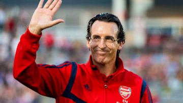 COMMERCE CITY, CO - JULY 15: Arsenal manager Unai Emery waves to fans at Dick's Sporting Goods Park on July 15, 2019 in Commerce City, Colorado. (Photo by Timothy Nwachukwu/Getty Images)