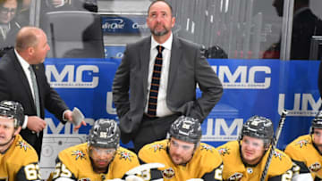 Jan 4, 2022; Las Vegas, Nevada, USA; Vegas Golden Knights head coach Pete DeBoer is pictured during the third period against the Nashville Predators at T-Mobile Arena. Mandatory Credit: Stephen R. Sylvanie-USA TODAY Sports