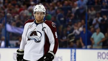 Oct 29, 2015; Tampa, FL, USA; Colorado Avalanche left wing Gabriel Landeskog (92) against the Tampa Bay Lightning during the first period at Amalie Arena. Mandatory Credit: Kim Klement-USA TODAY Sports