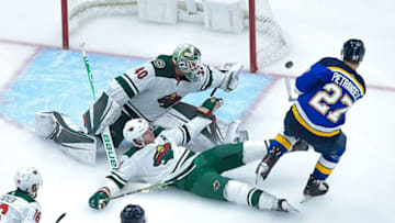 ST. LOUIS, MO - OCTOBER 30: Alex Pietrangelo #27 of the St. Louis Blues scores a goal against Devan Dubnyk #40 of the Minnesota Wild at Enterprise Center on October 30, 2019 in St. Louis, Missouri. (Photo by Scott Rovak/NHLI via Getty Images)