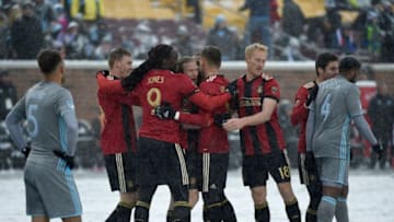 MINNEAPOLIS, MN - MARCH 12: Atlanta United FC celebrate a goal by Jacob Peterson