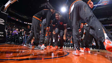 PHOENIX, AZ - NOVEMBER 16: Eric Bledsoe #2 of the Phoenix Suns is welcomed to the starting lineup against the Los Angeles Lakers on November 16, 2015, at Talking Stick Resort Arena in Phoenix, Arizona. NOTE TO USER: User expressly acknowledges and agrees that, by downloading and or using this Photograph, user is consenting to the terms and conditions of the Getty Images License Agreement. Mandatory Copyright Notice: Copyright 2015 NBAE (Photo by Barry Gossage/NBAE via Getty Images)
