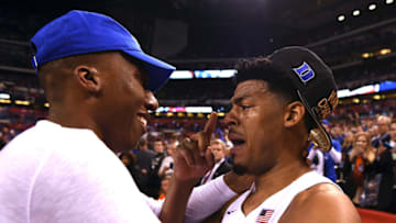 Duke basketball greats Nolan Smith and Quinn Cook (Photo by Lance King/Getty Images)