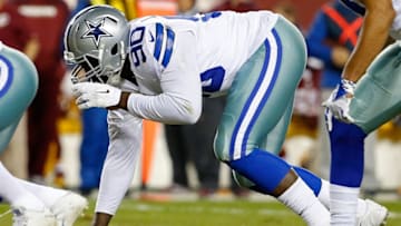Dec 7, 2015; Landover, MD, USA; Dallas Cowboys defensive end Demarcus Lawrence (90) lines up against the Washington Redskins quarterback Kirk Cousins (8) at FedEx Field. Mandatory Credit: Geoff Burke-USA TODAY Sports