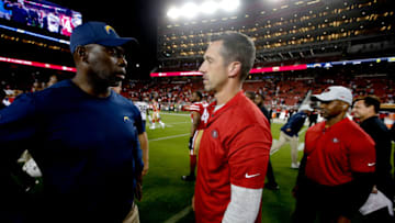 SANTA CLARA, CA - AUGUST 30: Head Coach Anthony Lynn of the Los Angeles Chargers talks with Head Coach Kyle Shanahan of the San Francisco 49ers on the field following the game at Levi Stadium on August 30, 2018 in Santa Clara, California. The Chargers defeated the 49ers 23-21. (Photo by Michael Zagaris/San Francisco 49ers/Getty Images)