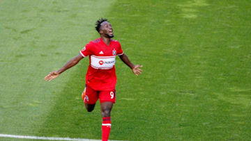 BRIDGEVIEW, ILLINOIS - JULY 03: C.J. Sapong #9 of the Chicago Fire celebrates after a goal in the game against the Atlanta United FC at SeatGeek Stadium on July 03, 2019 in Bridgeview, Illinois. (Photo by Justin Casterline/Getty Images)
