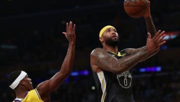 LOS ANGELES, CALIFORNIA - APRIL 04: DeMarcus Cousins #0 of the Golden State Warriors drives to the basket against Rajon Rondo #9 of the Los Angeles Lakers during the first half at Staples Center on April 04, 2019 in Los Angeles, California. NOTE TO USER: User expressly acknowledges and agrees that, by downloading and or using this photograph, User is consenting to the terms and conditions of the Getty Images License Agreement. (Photo by Yong Teck Lim/Getty Images)