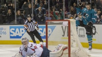 Mar 12, 2016; San Jose, CA, USA; San Jose Sharks left wing Patrick Marleau (12) celebrates after scoring a short-handed goal against Washington Capitals goalie Philipp Grubbier (31) in the second period at SAP Center at San Jose. Mandatory Credit: Kenny Karst-USA TODAY Sports
