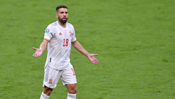 Jordi Alba (18) of Spain in action during EURO 2020 semi-final. (Photo by Ali Balikci/Anadolu Agency via Getty Images)