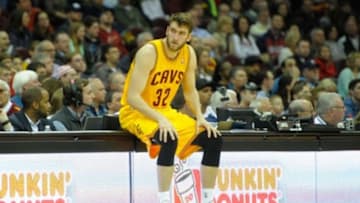 Mar 30, 2014; Cleveland, OH, USA; Cleveland Cavaliers center Spencer Hawes (32) waits to enter the game against the Indiana Pacers at Quicken Loans Arena. Cleveland won 90-76. Mandatory Credit: David Richard-USA TODAY Sports