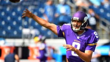 Sep 11, 2016; Nashville, TN, USA; Minnesota Vikings quarterback Sam Bradford (8) warms up prior to the game against the Tennessee Titans at Nissan Stadium. Mandatory Credit: Christopher Hanewinckel-USA TODAY Sports