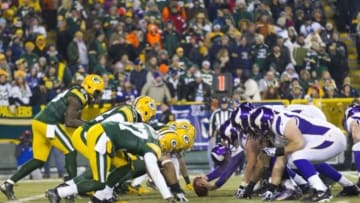 Jan 5, 2013; Green Bay, WI, USA; The Minnesota Vikings line up for a play during the fourth quarter of the NFC Wild Card playoff game against the Green Bay Packers at Lambeau Field. The Packers won 24-10. Mandatory Credit: Jeff Hanisch-USA TODAY Sports