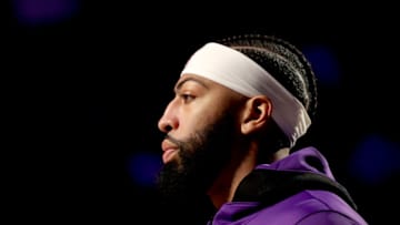 NEW YORK, NEW YORK - NOVEMBER 23: Anthony Davis #3 of the Los Angeles Lakers stands on the court during player introductions before the game against the New York Knicks at Madison Square Garden on November 23, 2021 in New York City. NOTE TO USER: User expressly acknowledges and agrees that, by downloading and or using this photograph, User is consenting to the terms and conditions of the Getty Images License Agreement. (Photo by Elsa/Getty Images)