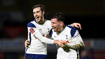 HIGH WYCOMBE, ENGLAND - JANUARY 25: Harry Winks of Tottenham Hotspur celebrates after scoring their sides second goal with team mate Pierre-Emile Højbjerg during The Emirates FA Cup Fourth Round match between Wycombe Wanderers and Tottenham Hotspur at Adams Park on January 25, 2021 (Photo by Shaun Botterill/Getty Images)