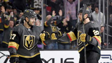 Max Pacioretty #67 and Shea Theodore #27 of the Vegas Golden Knights celebrate. (Photo by Ethan Miller/Getty Images)
