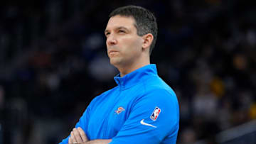 Head coach Mark Daigneault of the Oklahoma City Thunder looks on against the Golden State Warriors during the first quarter at Chase Center on October 30, 2021 in San Francisco, California. NOTE TO USER: User expressly acknowledges and agrees that, by downloading and or using this photograph, User is consenting to the terms and conditions of the Getty Images License Agreement. (Photo by Thearon W. Henderson/Getty Images)