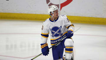 Mar 11, 2021; Buffalo, New York, USA; Buffalo Sabres left wing Jeff Skinner (53) stretches before a game against the Pittsburgh Penguins at KeyBank Center. Mandatory Credit: Timothy T. Ludwig-USA TODAY Sports