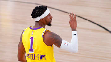 LAKE BUENA VISTA, FLORIDA - AUGUST 20: Kentavious Caldwell-Pope #1 of the Los Angeles Lakers reacts to his three point basket during the third quarter against the Portland Trail Blazers in Game Two of the Western Conference First Round during the 2020 NBA Playoffs at AdventHealth Arena at ESPN Wide World Of Sports Complex on August 20, 2020 in Lake Buena Vista, Florida. NOTE TO USER: User expressly acknowledges and agrees that, by downloading and or using this photograph, User is consenting to the terms and conditions of the Getty Images License Agreement. (Photo by Kevin C. Cox/Getty Images)