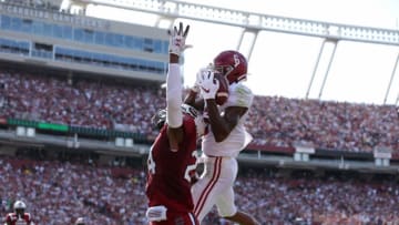 COLUMBIA, SOUTH CAROLINA - SEPTEMBER 14: DeVonta Smith #6 of the Alabama Crimson Tide catches a touchdown over Israel Mukuamu #24 of the South Carolina Gamecocks during their game at Williams-Brice Stadium on September 14, 2019 in Columbia, South Carolina. (Photo by Streeter Lecka/Getty Images)