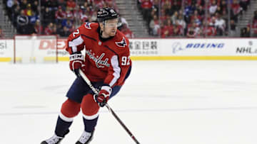 WASHINGTON, DC - MARCH 20: Evgeny Kuznetsov #92 of the Washington Capitals skates with the puck in the third period against the Tampa Bay Lightning at Capital One Arena on March 20, 2019 in Washington, DC. (Photo by Patrick McDermott/NHLI via Getty Images)