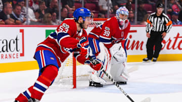 MONTREAL, QC - SEPTEMBER 20: Montreal Canadiens defenceman Victor Mete (53) skates away with the puck during the Washington Capitals versus the Montreal Canadiens preseason game on September 20, 2017, at Bell Centre in Montreal, QC. (Photo by David Kirouac/Icon Sportswire via Getty Images)