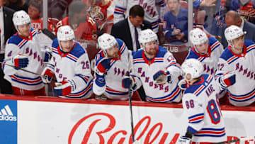 SUNRISE, FL - MARCH 25: Teammates congratulate Patrick Kane #88 of the New York Rangers after he scored a third period goal against the Florida Panthers at the FLA Live Arena on March 25, 2023 in Sunrise, Florida. (Photo by Joel Auerbach/Getty Images)