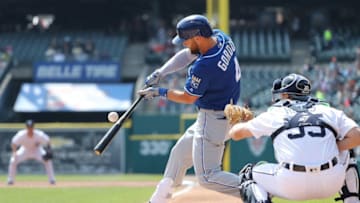 DETROIT, MI - APRIL 7: Alex Gordon #4 of the Kansas City Royals grounds out scoring Whit Merrifield during the first inning of the game against the Detroit Tigers at Comerica Park on April 7, 2019 in Detroit, Michigan. (Photo by Leon Halip/Getty Images)