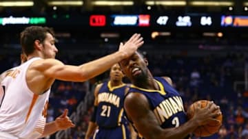 Dec 2, 2014; Phoenix, AZ, USA; Indiana Pacers guard Rodney Stuckey (2) drives to the basket against Phoenix Suns guard Goran Dragic in the second quarter at US Airways Center. Mandatory Credit: Mark J. Rebilas-USA TODAY Sports