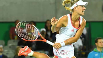Aug 12, 2016; Rio de Janeiro, Brazil; Angelique Kerber (GER) in action against Madison Keys (USA) during the women