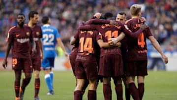 GALICIA, SPAIN - APRIL 29: Philippe Coutinho of FC Barcelona celebrates 0-1 with Ousmane Dembele of FC Barcelona, Jordi Alba of FC Barcelona, Ivan Rakitic of FC Barcelona during the La Liga Santander match between Deportivo la Coruna v FC Barcelona at the Estadio Municipal de Riazor on April 29, 2018 in Galicia Spain (Photo by David S. Bustamante/Soccrates/Getty Images)