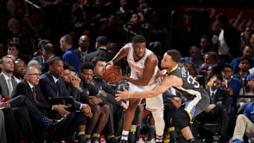 NEW YORK, NY - FEBRUARY 26: Emmanuel Mudiay #1 of the New York Knicks handles the ball against the Golden State Warriors on February 26, 2018 at Madison Square Garden in New York City, New York. Copyright 2018 NBAE (Photo by Nathaniel S. Butler/NBAE via Getty Images)