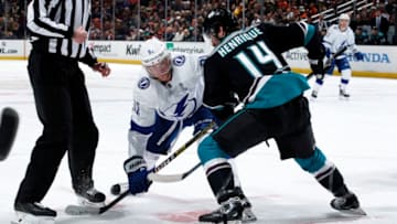 ANAHEIM, CA - DECEMBER 31: Steven Stamkos #91 of the Tampa Bay Lightning battles in a face-off against Adam Henrique #14 of the Anaheim Ducks during the game on December 31, 2018 at Honda Center in Anaheim, California. (Photo by Debora Robinson/NHLI via Getty Images)