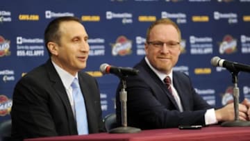 Sep 26, 2014; Cleveland, OH, USA; Cleveland Cavaliers head coach David Blatt and general manager David Griffin address the media during media day at Cleveland Clinic Courts. Mandatory Credit: Ken Blaze-USA TODAY Sports