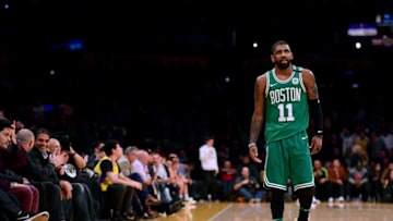 LOS ANGELES, CA - JANUARY 23: Kyrie Irving #11 of the Boston Celtics looks up at the clock during a 108-107 Los Angeles Lakers win at Staples Center on January 23, 2018 in Los Angeles, California. (Photo by Harry How/Getty Images)