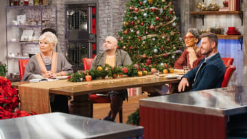 Judges Nancy Fuller, Duff Goldman, Carla Hall and Host Jesse Palmer, as seen on Holiday Baking Championship, Season 8. Image courtesy Food Network