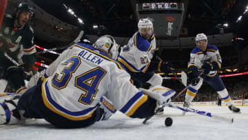 ST. PAUL, MN - FEBRUARY 24: Jake Allen #34 of the St. Louis Blues covers the puck as Alex Pietrangelo #27 of the St. Louis Blues and Tyler Bozak #21 of the St. Louis Blues attempt to clear it while Zach Parise #11 of the Minnesota Wild hunts for a rebound during a game at Xcel Energy Center on February 24, 2019 in St. Paul, Minnesota.(Photo by Bruce Kluckhohn/NHLI via Getty Images)