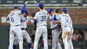 ATLANTA, GA - OCTOBER 08: (L-R) Manny Machado #8, Chris Taylor #3, Cody Bellinger #35, Joc Pederson #31, Enrique Hernandez #14 and Justin Turner #10 of the Los Angeles Dodgers celebrate winning Game Four of the National League Division Series with a score of 6-2 over the Atlanta Braves at Turner Field on October 8, 2018 in Atlanta, Georgia. The Dodger won the series 3-1. (Photo by Rob Carr/Getty Images)