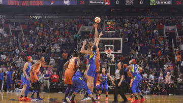 PHOENIX, AZ - MAY 18: The Dallas Wings and the Phoenix Mercury tipoff on May 18, 2018 at Talking Stick Resort Arena in Phoenix, Arizona. NOTE TO USER: User expressly acknowledges and agrees that, by downloading and or using this Photograph, user is consenting to the terms and conditions of the Getty Images License Agreement. Mandatory Copyright Notice: Copyright 2018 NBAE (Photo by Barry Gossage/NBAE via Getty Images)