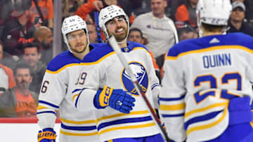 Apr 1, 2023; Philadelphia, Pennsylvania, USA; Buffalo Sabres right wing Alex Tuch (89) celebrates his hat trick with teammates against the Philadelphia Flyers during the third period at Wells Fargo Center. Mandatory Credit: Eric Hartline-USA TODAY Sports