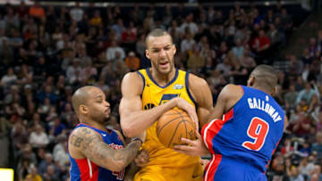 Mar 13, 2018; Salt Lake City, UT, USA; Detroit Pistons guard Jameer Nelson (41) and guard Langston Galloway (9) defend against Utah Jazz center Rudy Gobert (27) during the second half at Vivint Smart Home Arena. Mandatory Credit: Russ Isabella-USA TODAY Sports