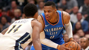 DENVER, CO - NOVEMBER 09: Russell Westbrook #0 of the Oklahoma City Thunder faces off against Gary Harris #14 of the Denver Nuggets at the Pepsi Center on November 9, 2017 in Denver, Colorado. USER: User expressly acknowledges and agrees that, by downloading and or using this photograph, User is consenting to the terms and conditions of the Getty Images License Agreement. (Photo by Matthew Stockman/Getty Images)