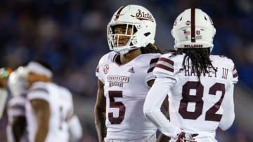 Oct 15, 2022; Lexington, Kentucky, USA; Mississippi State Bulldogs wide receiver Lideatrick Griffin (5) looks on during the third quarter against the Kentucky Wildcats at Kroger Field. Mandatory Credit: Jordan Prather-USA TODAY Sports