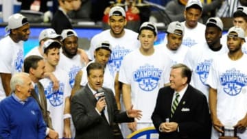 Mar 15, 2015; Nashville, TN, USA; Kentucky Wildcats coach John Calipari after winning the SEC Conference Championship game against the Arkansas Razorbacks at Bridgestone Arena. Kentucky won 78-63. Mandatory Credit: Christopher Hanewinckel-USA TODAY Sports