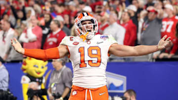 GLENDALE, ARIZONA - DECEMBER 28: Tanner Muse #19 of the Clemson Tigers celebrates his teams win over the Ohio State Buckeyes in the College Football Playoff Semifinal at the PlayStation Fiesta Bowl at State Farm Stadium on December 28, 2019 in Glendale, Arizona. (Photo by Christian Petersen/Getty Images)