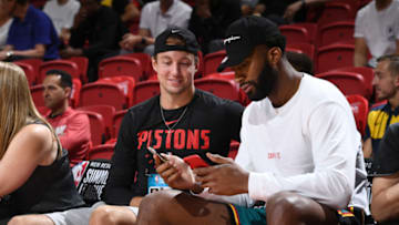 LAS VEGAS, NV - JULY 6: Luke Kennard #5, and Andre Drummond #0 of the Detroit Pistons attend the game between the Detroit Pistons and the Portland Trail Blazers during Day 2 of the 2019 Las Vegas Summer League on July 6, 2019 at the Thomas & Mack Center in Las Vegas, Nevada. NOTE TO USER: User expressly acknowledges and agrees that, by downloading and or using this Photograph, user is consenting to the terms and conditions of the Getty Images License Agreement. Mandatory Copyright Notice: Copyright 2019 NBAE (Photo by Bart Young/NBAE via Getty Images)