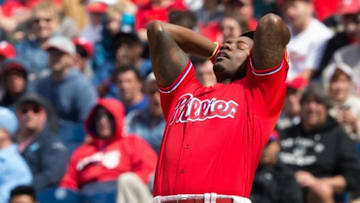 Jun 8, 2016; Philadelphia, PA, USA; Philadelphia Phillies first baseman Ryan Howard (6) reacts after striking out to end the seventh inning against the Chicago Cubs at Citizens Bank Park. The Chicago Cubs won 8-1. Mandatory Credit: Bill Streicher-USA TODAY Sports