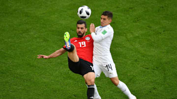 YEKATERINBURG, RUSSIA - JUNE 15: Abdalla Said of Egypt cb Lucas Torreira of Uruguay during the 2018 FIFA World Cup Russia group A match between Egypt and Uruguay at Ekaterinburg Arena on June 15, 2018 in Yekaterinburg, Russia. (Photo by Dan Mullan/Getty Images)